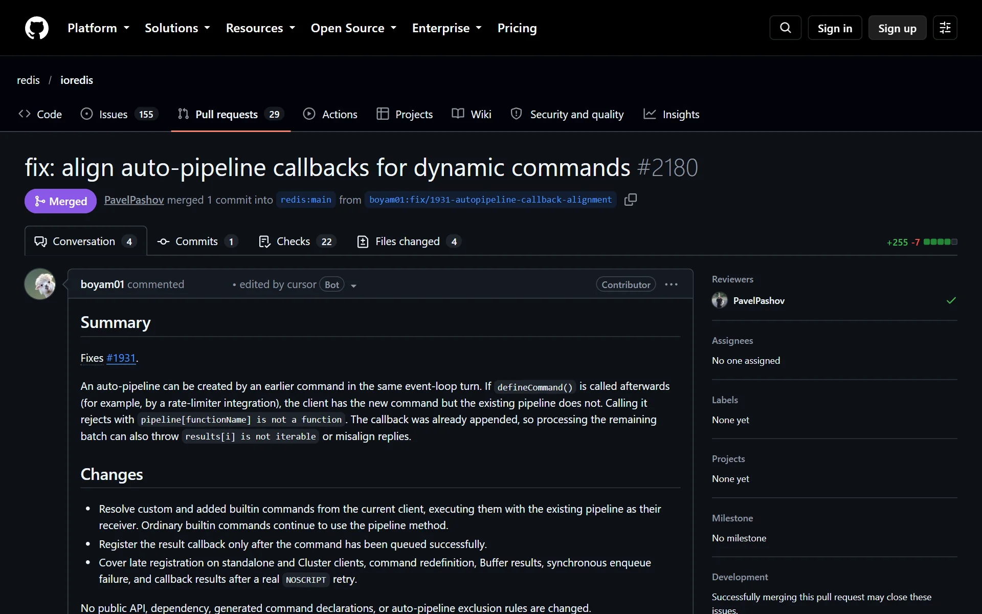 GitHub 上 redis/ioredis 的 PR #2180 頁面，狀態為 Merged