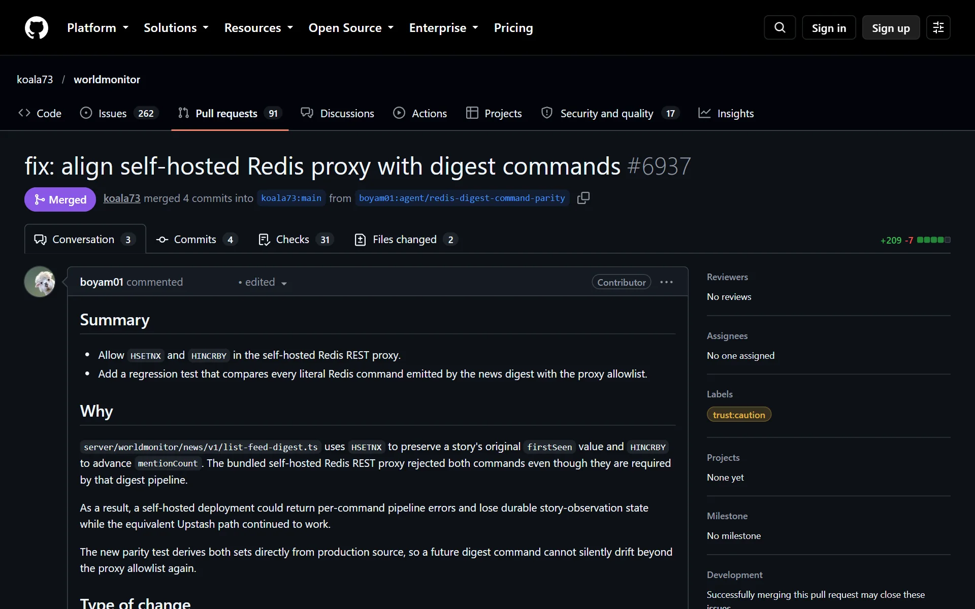 GitHub 上 koala73/worldmonitor 的 PR #6937 頁面，狀態為 Merged