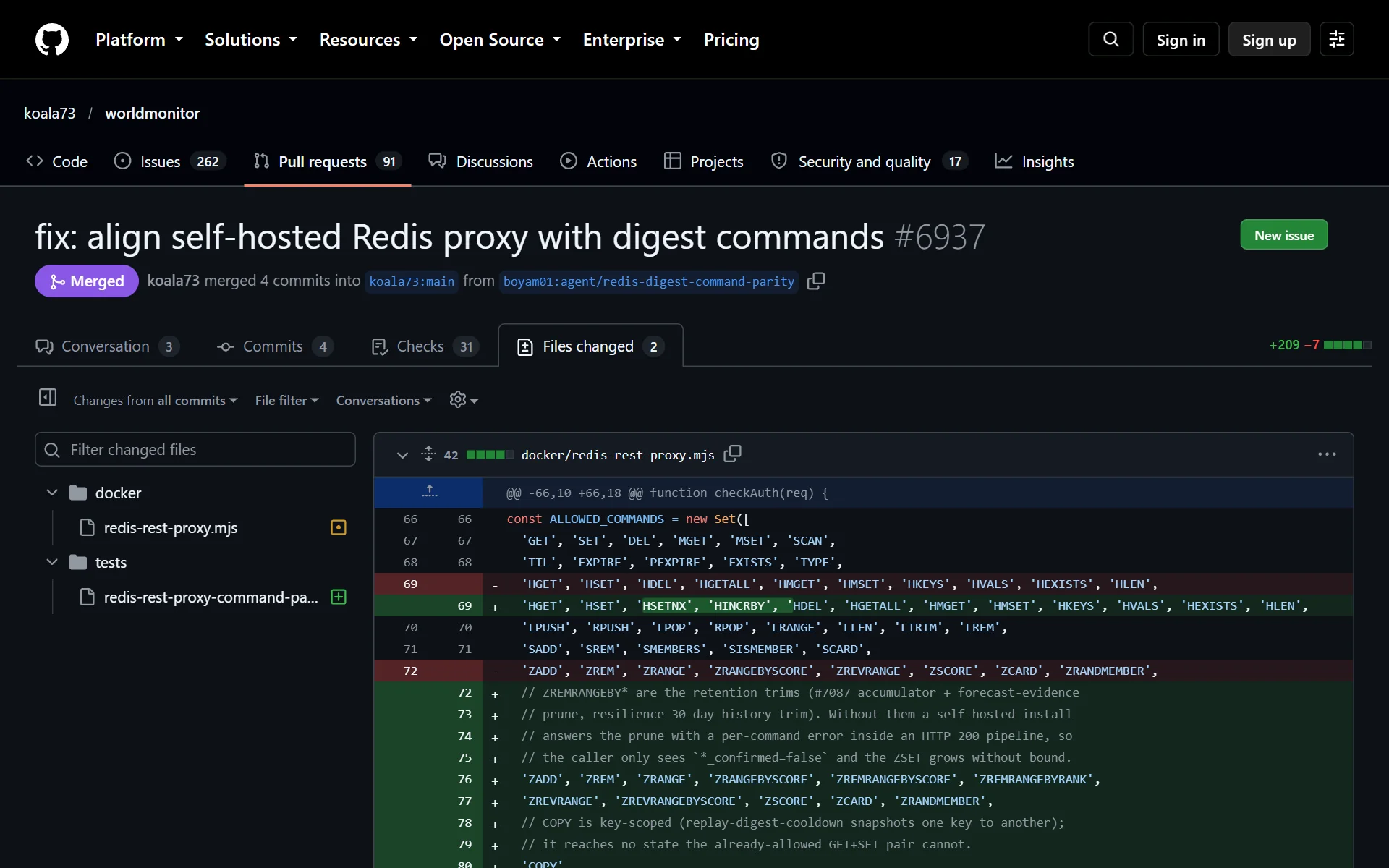 PR #6937 的變更檔案頁，顯示 Redis 代理的指令白名單與測試